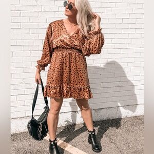 Satin Rust Brown Printed Wrap Mini Dress
